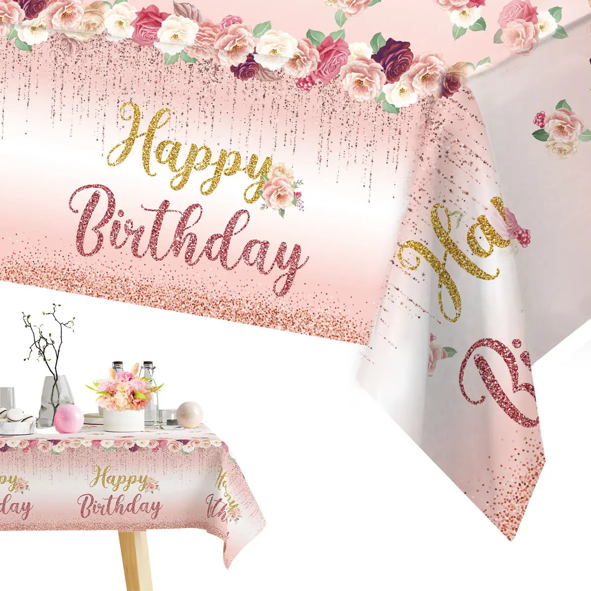 1PC Spring Floral Birthday Tablecloth 220*130cm Plastic Disposable Table Cover Party Decor for Girl Pink Birthday Party Supplies