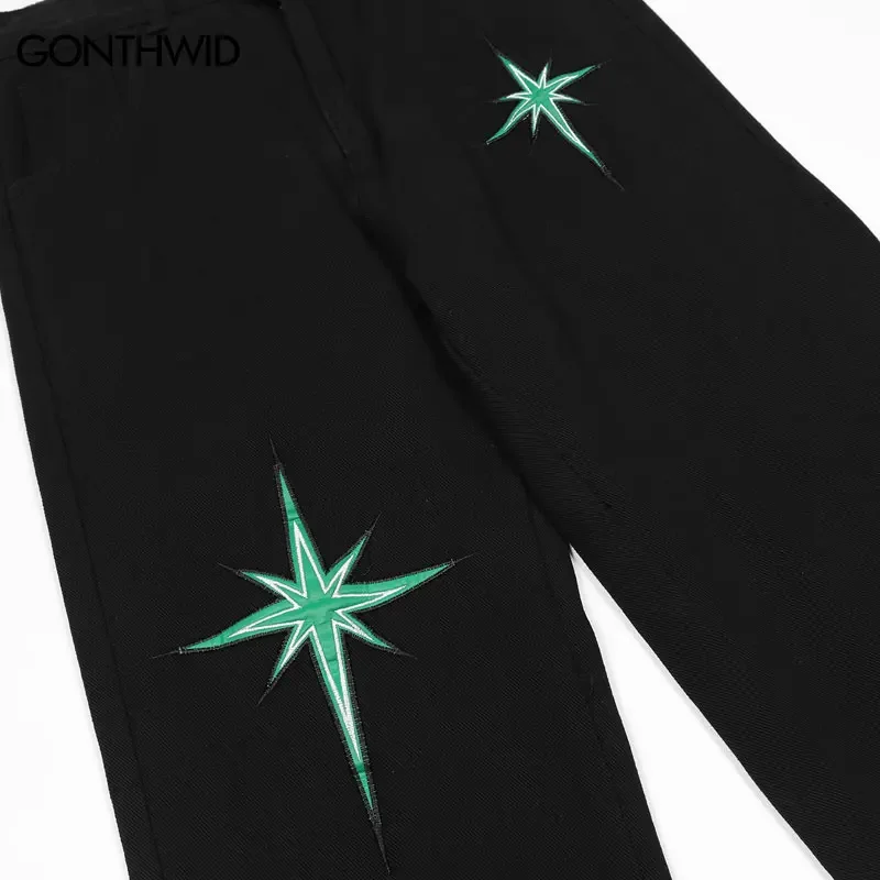 Calça jeans folgada estrela bordada vintage masculina, jeans hip-hop, calça casual de cintura alta, streetwear preto, Harajuku, 2024