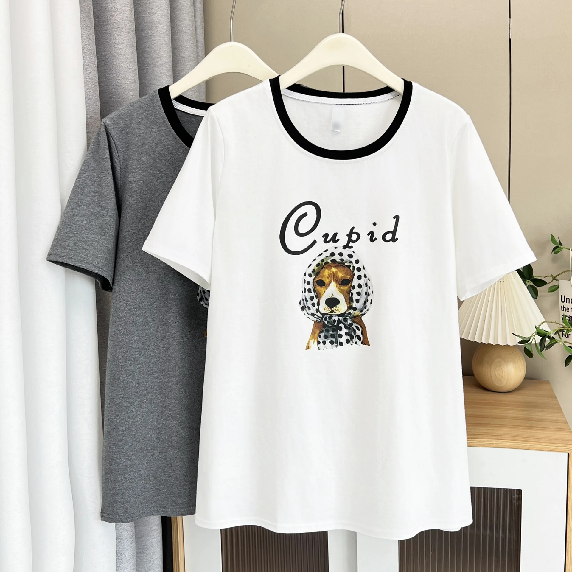 حجم كبير حجم كبير الصيف عادية طباعة قصيرة الأكمام تي شيرت المرأة موضة جولة الرقبة قطنية عالية الجودة للنساء حجم كبير XXL XX... #2