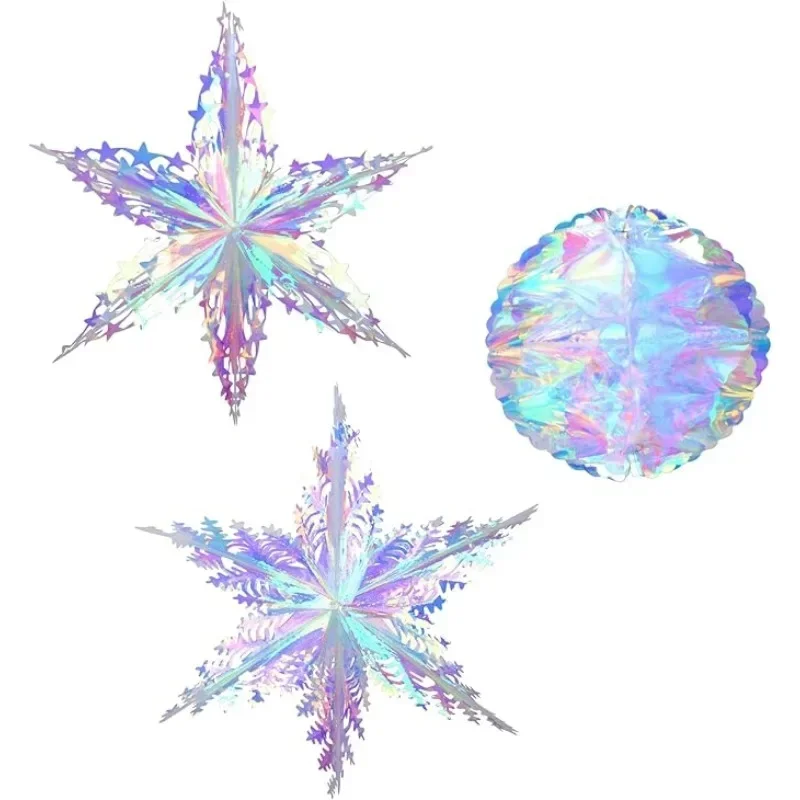 

3pcs Iridescent Snowflake Home Decorations Honeycomb Ball Paper Fan Hanging Birthday Wedding Christmas Tree Disco Party Supplies