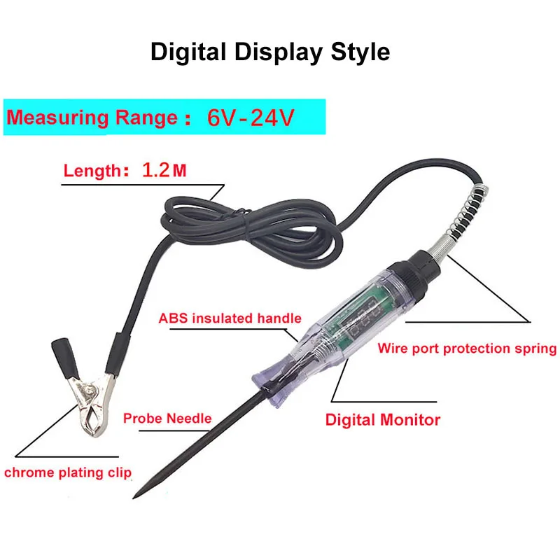 Carro Tensão Circuito Tester, 6V, 12V, 24V, DC, Display Digital, Long Probe Pen, Lâmpada, Automóvel, Truck Ferramenta de Diagnóstico, Auto Reparação