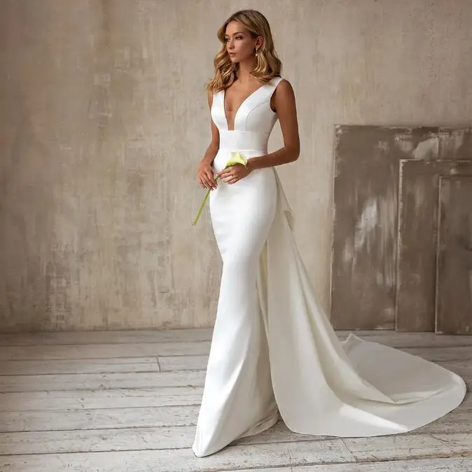 White Cap Sleeve Deep V-Neck Wedding Dresses Sheath Floor-Length Detachable Train Satin Sexy Open Back Zipper Bow Bridal Gowns