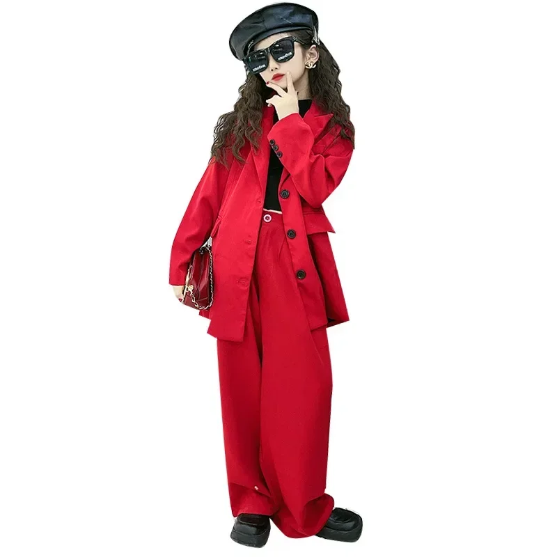 Suit for Girls Red Loose Casual Blazer Wide Leg Pants Two Pieces Teenage Children's Clothes 12 13 14 Years Fashion Kid's Costume