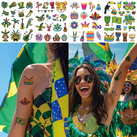 4pcs Feather Crown Peacock Design Tattoo Stickers Brazil Carnival Day Body Art for Dance Show Carnival Party Makeup Decor