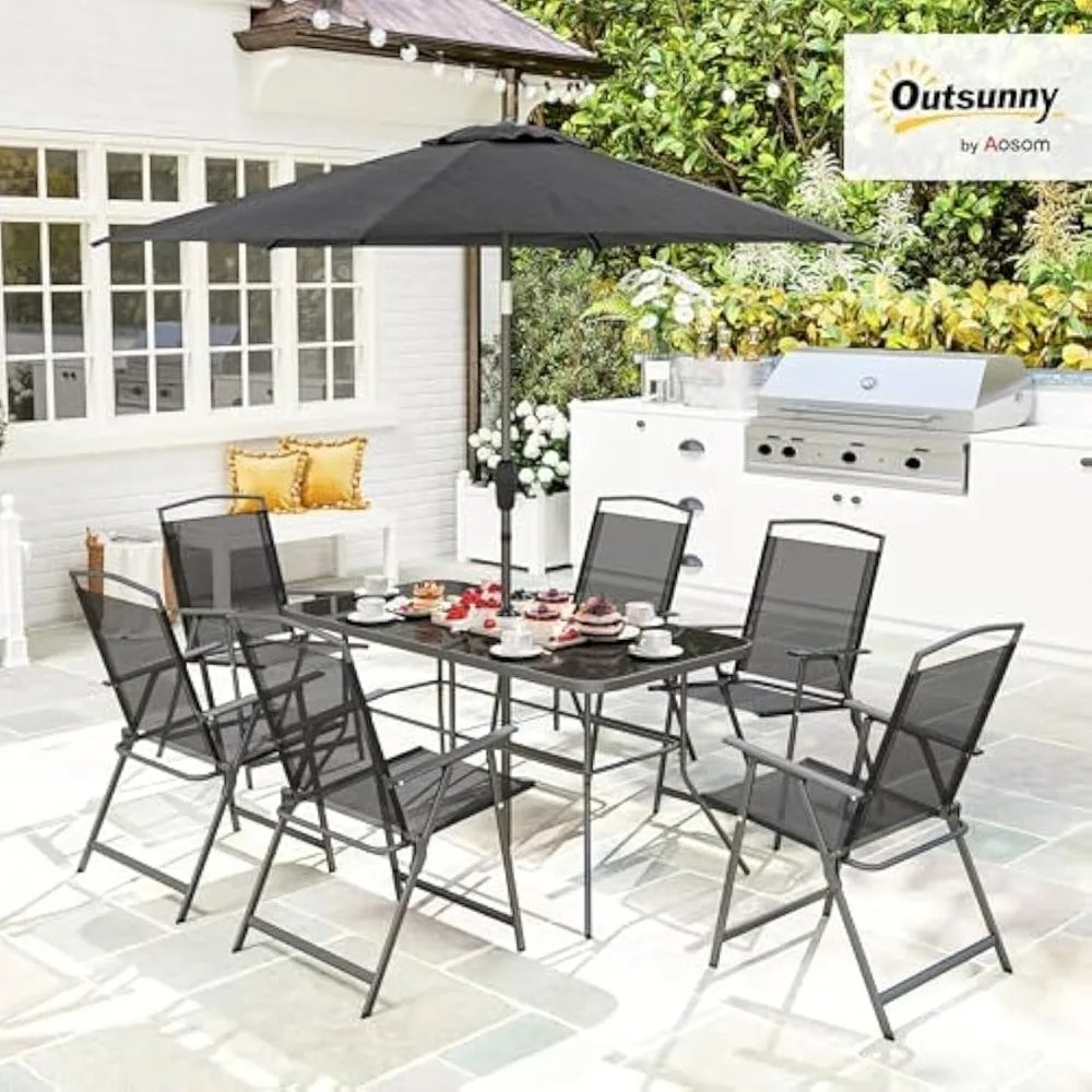 

8 Piece Patio Dining Set with Table Umbrella, 6 Folding Chairs and Rectangle Dining Table, Outdoor Patio Furniture Set