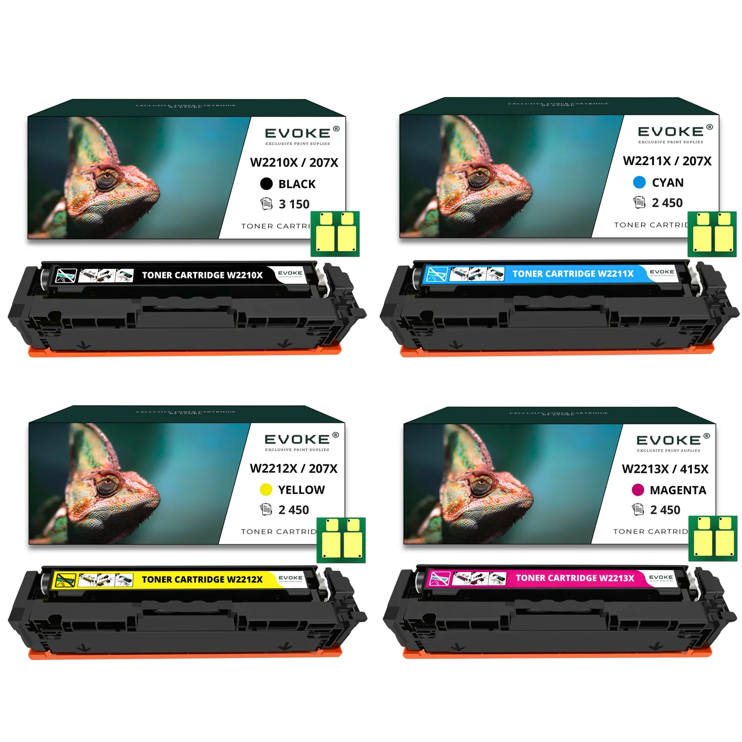 Evoke compatibele toner voor Hp 207X W2210X W2211X W2212X W2213X met 4X chip Cmyk: Zwart, Cyaan, Geel, Magenta 10500 pagina's Kleur Laserjet Pro M255Dw M255Nw; Mfp M282Nw M283Fdn M283Fdw