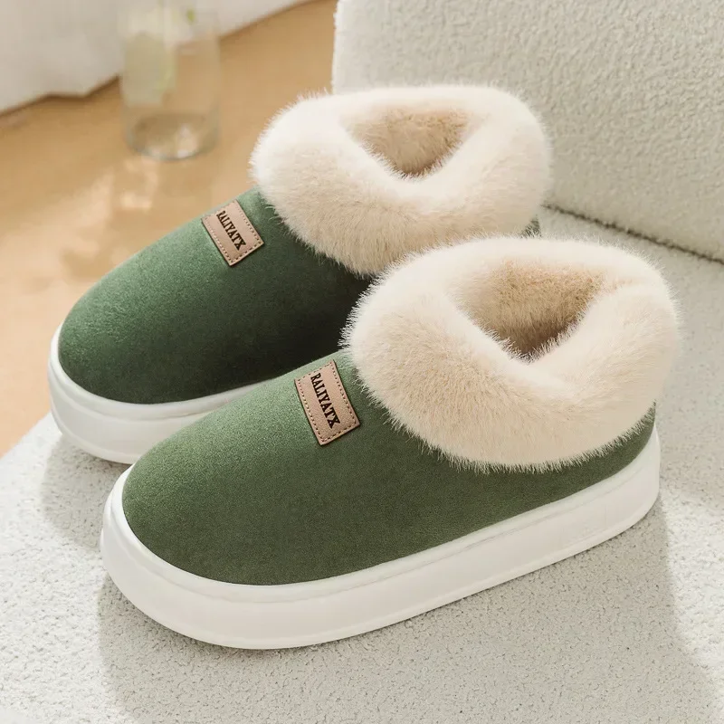 Furry Women Ankle Boots 2024 Winter Non-Slip Thicken Plush Slip-On Soft Sole Warm Cotton Shoes for Couples Platform Snow Boot