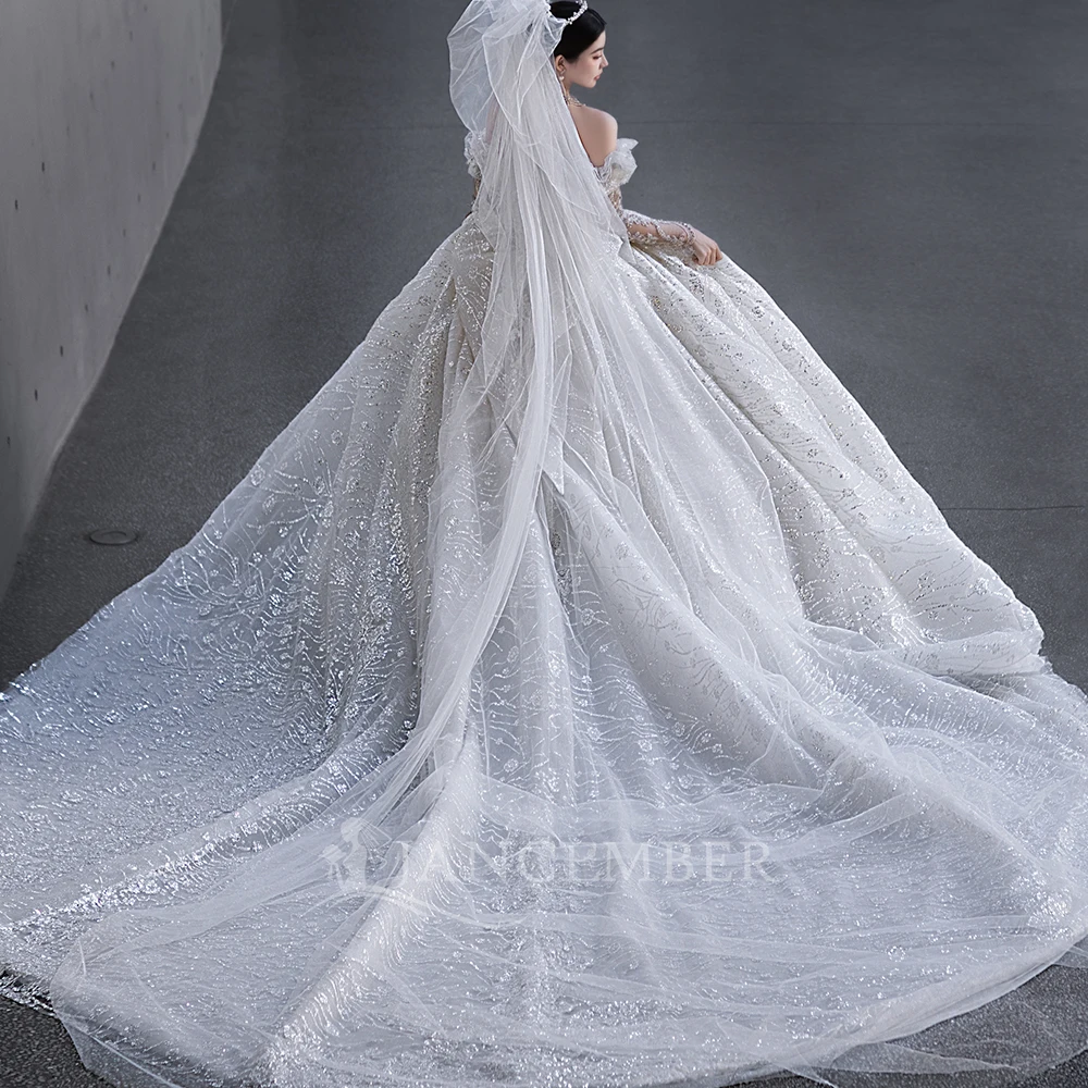 Romantic Ball Gown Customized Wedding Dress With Sleeves Crystal Beading Long Train This Season Strapless Vestido De Novia