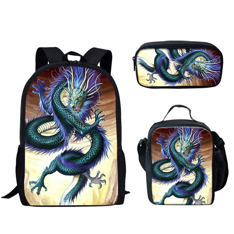 Funny Dragon Chinese Dragon Pattern 3pcs/Set Backpack 3D Print School Student Bookbag Anime Laptop Daypack Lunch Bag Pencil Case