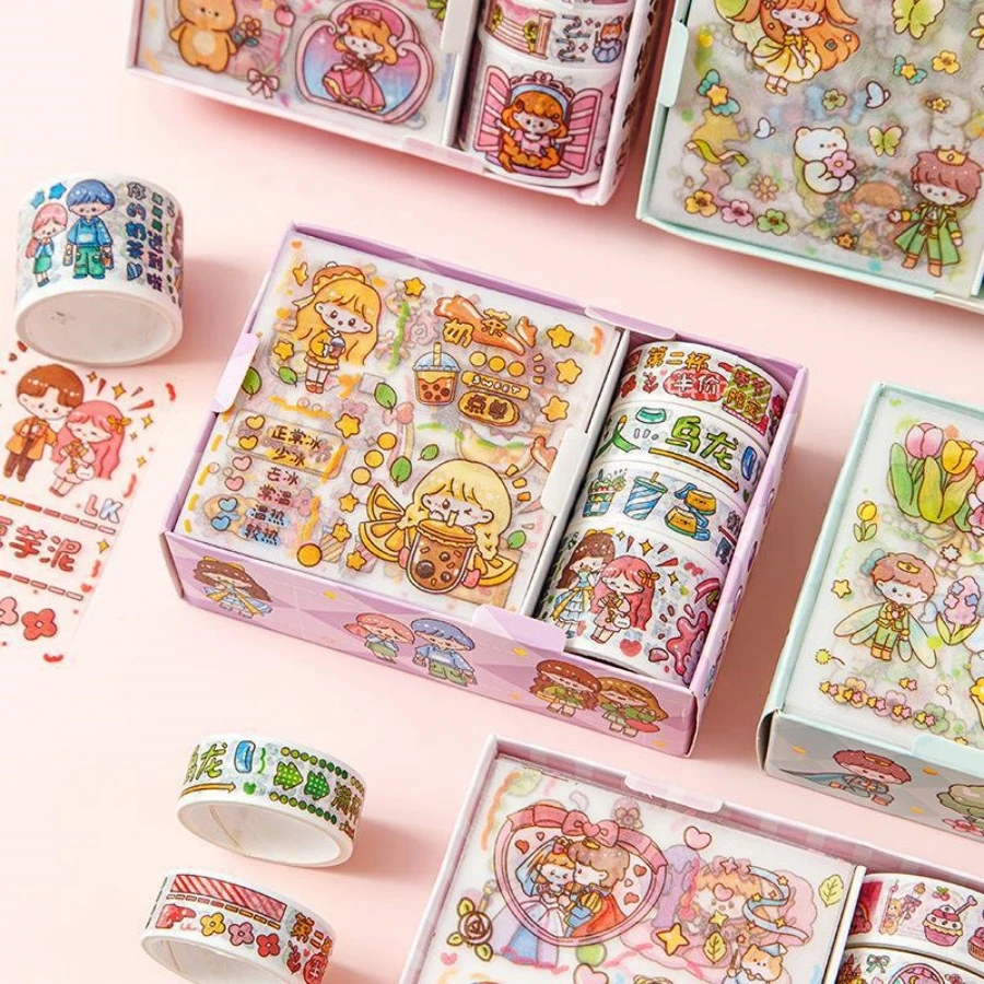 1 box of 4 stickers and 4 rolls of adhesive tape sticker gift set Used for notebook DIY cartoon sticker set children\'s stickers