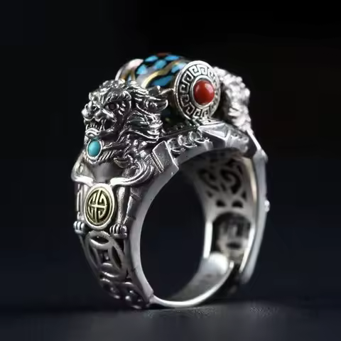 Creative retro ethnic style stereoscopic mythical beast colored enamel bead mens rings charm classic ring banquet silver jewelry