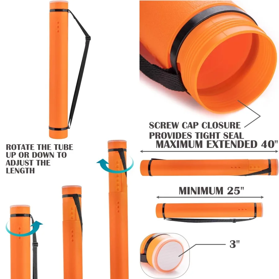 JJRING Tube d'affiche orange 25 à 40 Tube de support de stockage d'affiche extensible avec sangle de transport pour plans, rouleaux de cartes et Ar