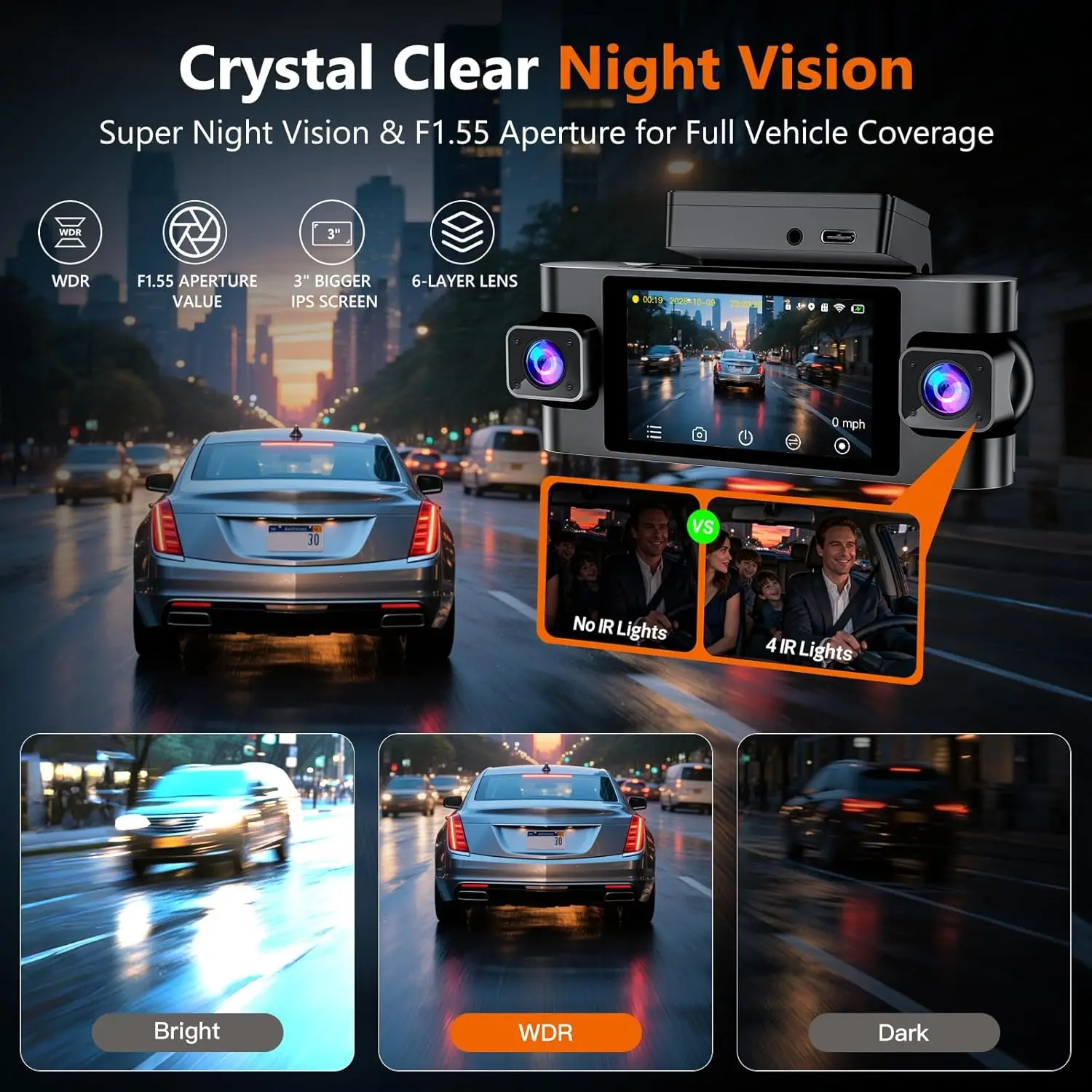 كاميرا سيارة 4K ذات 4 قنوات مع نظام تحديد المواقع العالمي (GPS)، 5G WiFi، التحكم الصوتي، الرؤية الليلية، مستشعر G، شاشة ركن السيارة 24 ساعة، بطاقة مجانية 128 جيجابايت