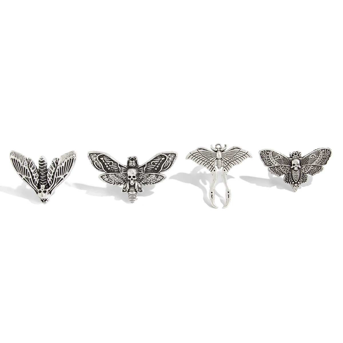 Women's 4pc Gothic Butterfly Moth Skull Open Ring Set