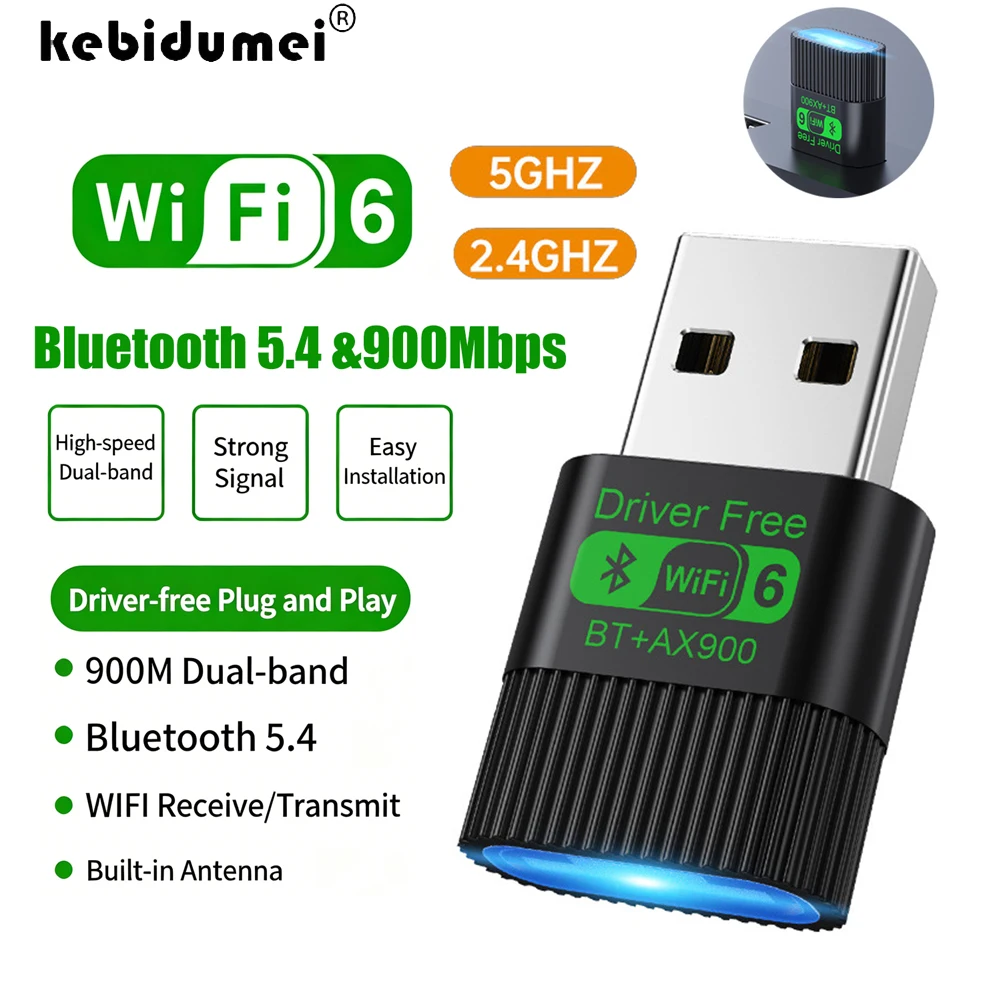 

KEBIDUMEI 2in1 AX900 WiFi 6 Bluetooth 5.4 USB Adapter Dual Band 2.4G/5GHz Wireless Network Card Driver Free Dongle For Win10/11