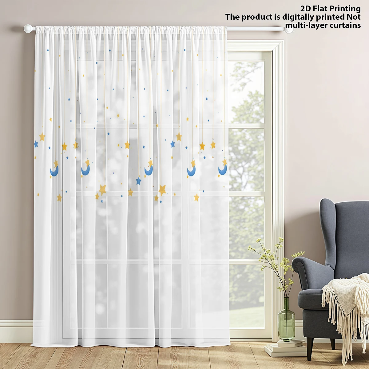 1 Piece Calming Star & Moon Sheer Curtain - Light Filtering, Privacy, Rod Pocket, for Living/Bedroom/Kids Room - view 3