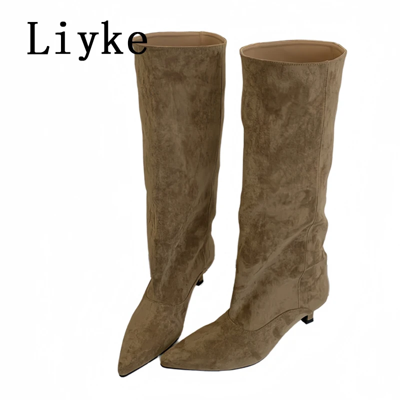Liyke 2026 New Sexy Pointed Toe Knee High Boots Women Autumn Winter Low Thin Heels Pumps Cozy Ladies Party Long Shoes Size 35-40