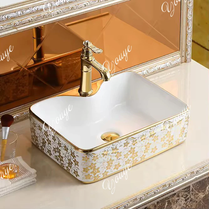 

European style gold square countertop basin color art washbasin round washbasin color gold sink washbasin