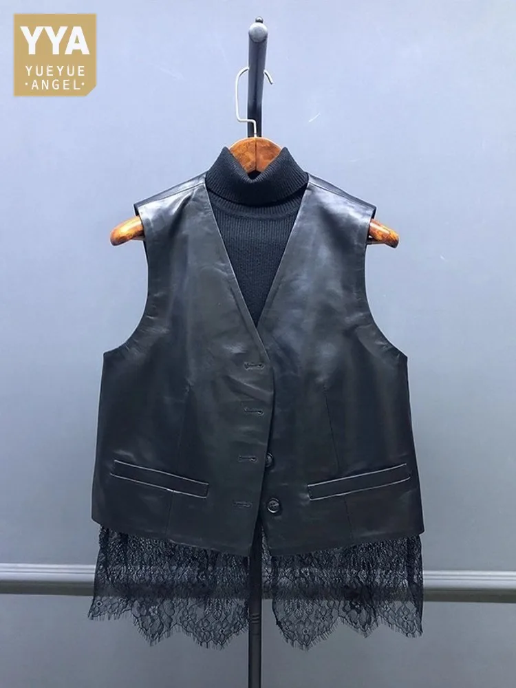 

Fashion Women Versatile Lace Patchwork Sleeveless Tops Single Breasted V Neck Strap Sheepskin Genuine Leather Waistcoat Jacket