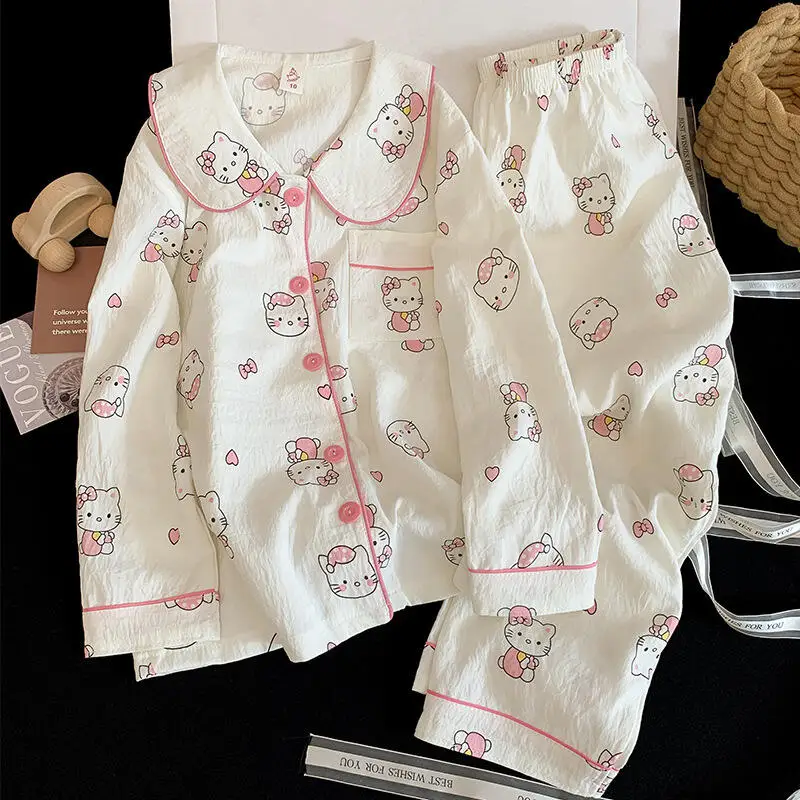 

Hot Sanrio Girl Pajama Set Hello Kitty Kawaii Anime Student Spring and Autumn Tops Pants Children's Clothing 2-Piece Set New