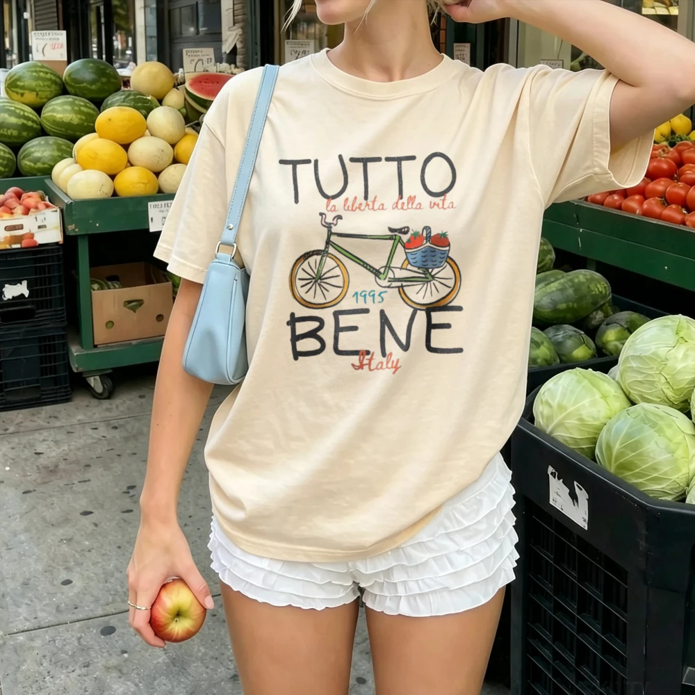 Tutto Bene Italy Hand Letter Bicycle Basket Tomato Sketch Women Cotton Tee European Countryside Art Relaxed Lifestyle Casual Top