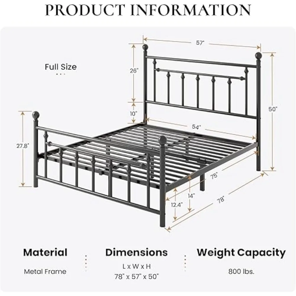 Metal Platform Bed Frame/Victorian Headboard and Footboard/Steel Slats Mattress Foundation for Storage