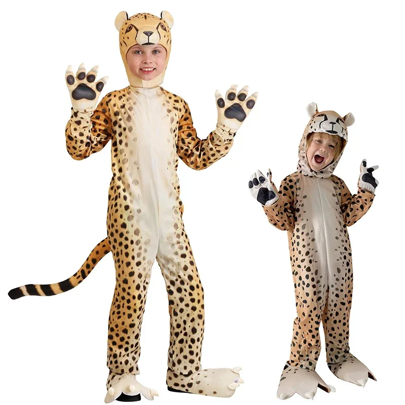 

2025 New Cosplay Kid's Cheerful Cheetah Costume Jumpsuit Animal Boy's Leopard Halloween Costume for Girls