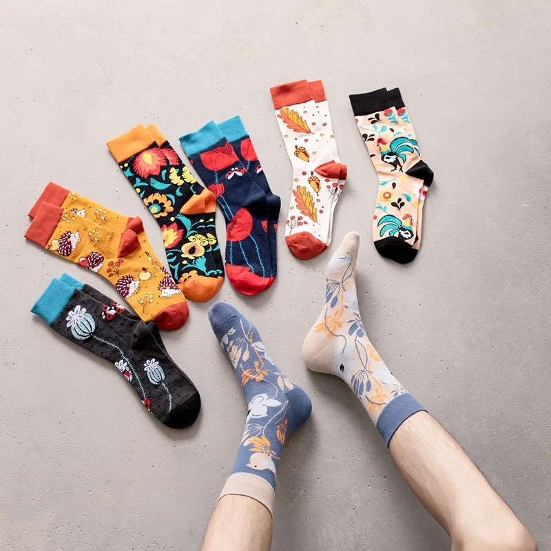 New AB feet flower and bird pattern mid-tube casual socks men\'s trendy socks plus size socks