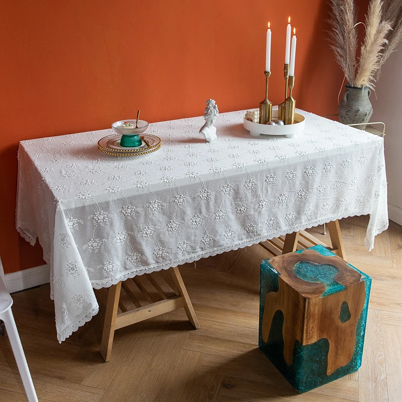 Rustic Faux Lace Tablecloth, Table Cloth Cover with Luxury Embroidered Floral, White Rectangle, Oblong for Dinner Parties,