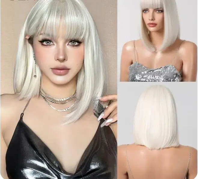 White Blonde Bob Wig with Bangs Synthetic Short Straight Wigs Natural Cosplay Party Hair Wig for Women Heat Resistant