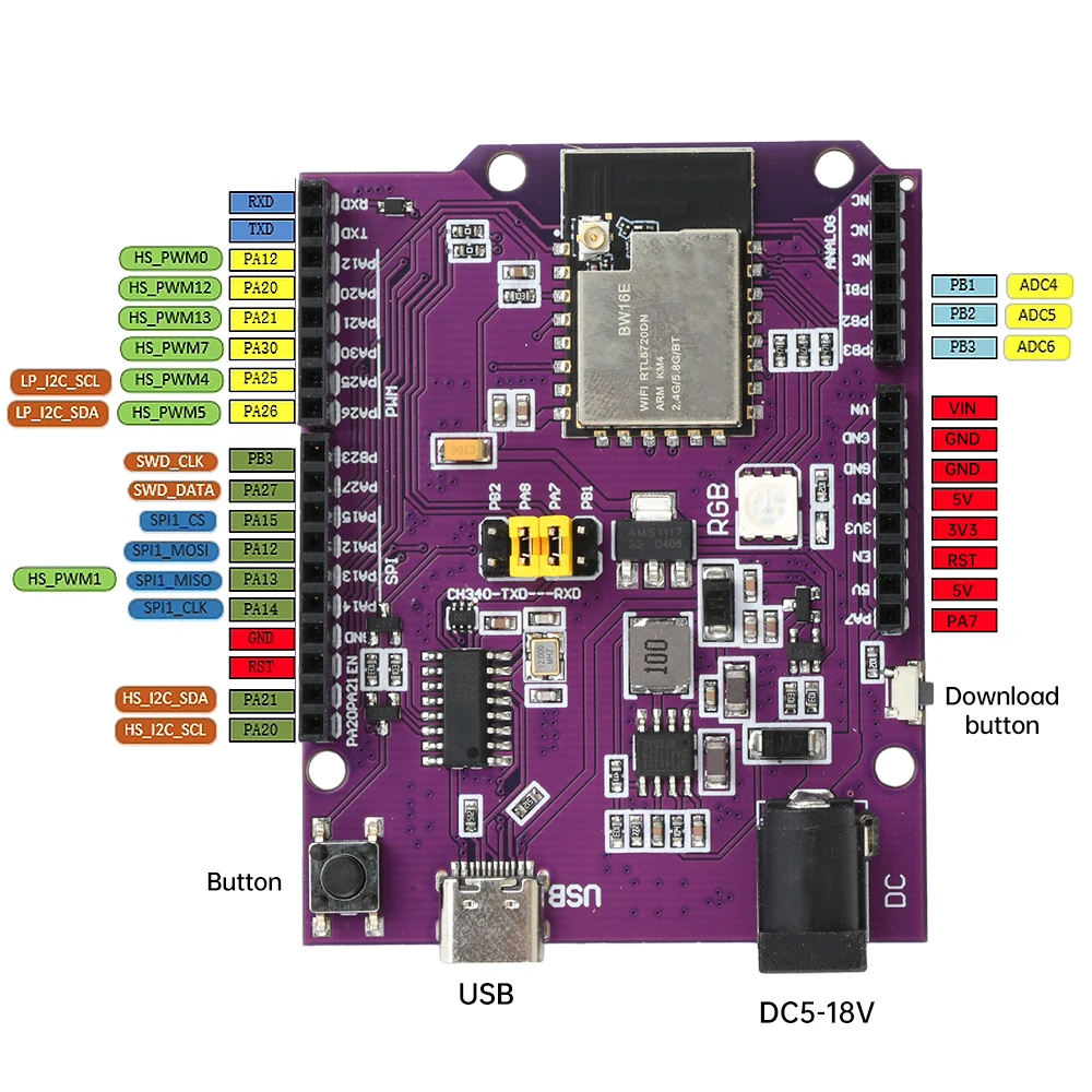 BW16 Development Board WiFi BT5.0 Dual Band ARM Cortex-M4F Cortex-M0 Dual Core MCU PCB/IPEX Antenna