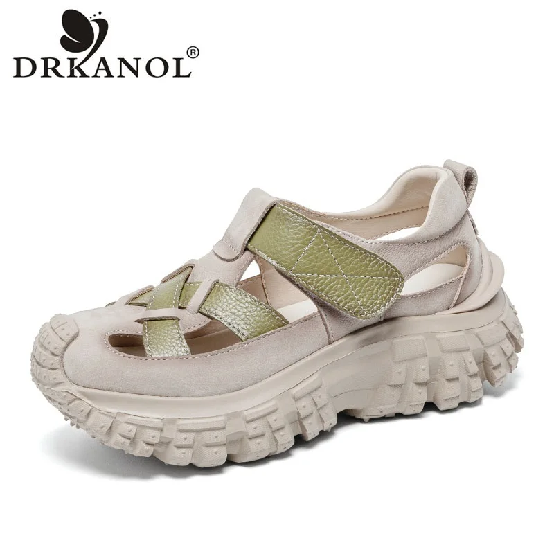 

DRKANOL Women Chunky Platform Sandals Summer Breathable Hollow Out Genuine Leather Wedges Heel Sandals Ladies Thick Sole Sandals