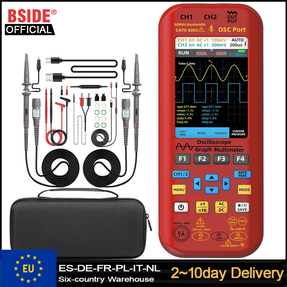 Oscilloscope numérique BSIDE 50 MHz, multimètre 4-en-1, double canal, bande passante 50 MHz, tension AC/DC, courant, OHM, test multifonction