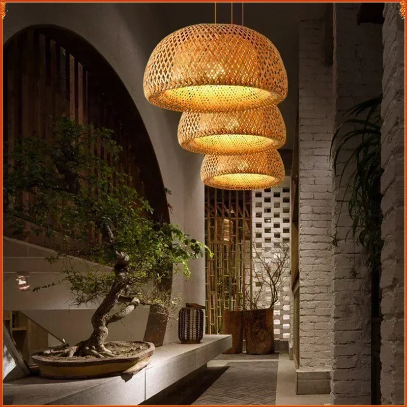 

Handmade Vintage Pendant Lamp Bamboo Restaurant Café Chandeliers Wood Base E27 Bulb Lighting Hotel Bedroom Interior Classical