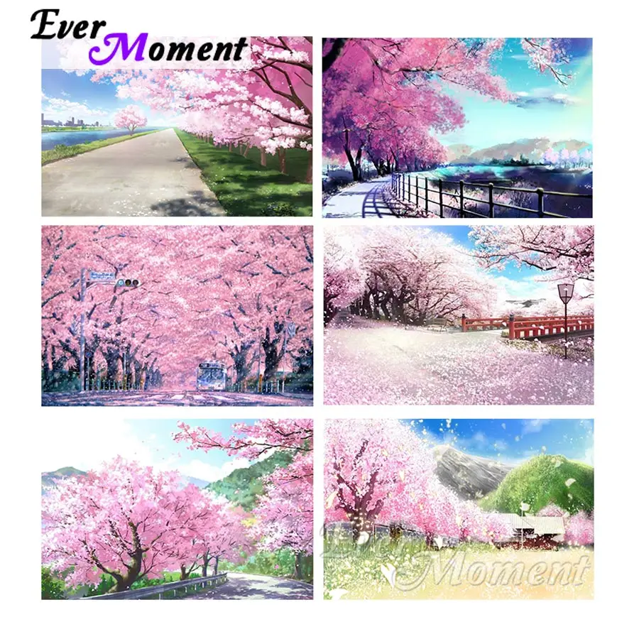 

Ever Moment Diamond Painting Full Square Resin Drills Pink Cherry Blossom Colorful Flower Paint Floral Art Decoration ASF2407