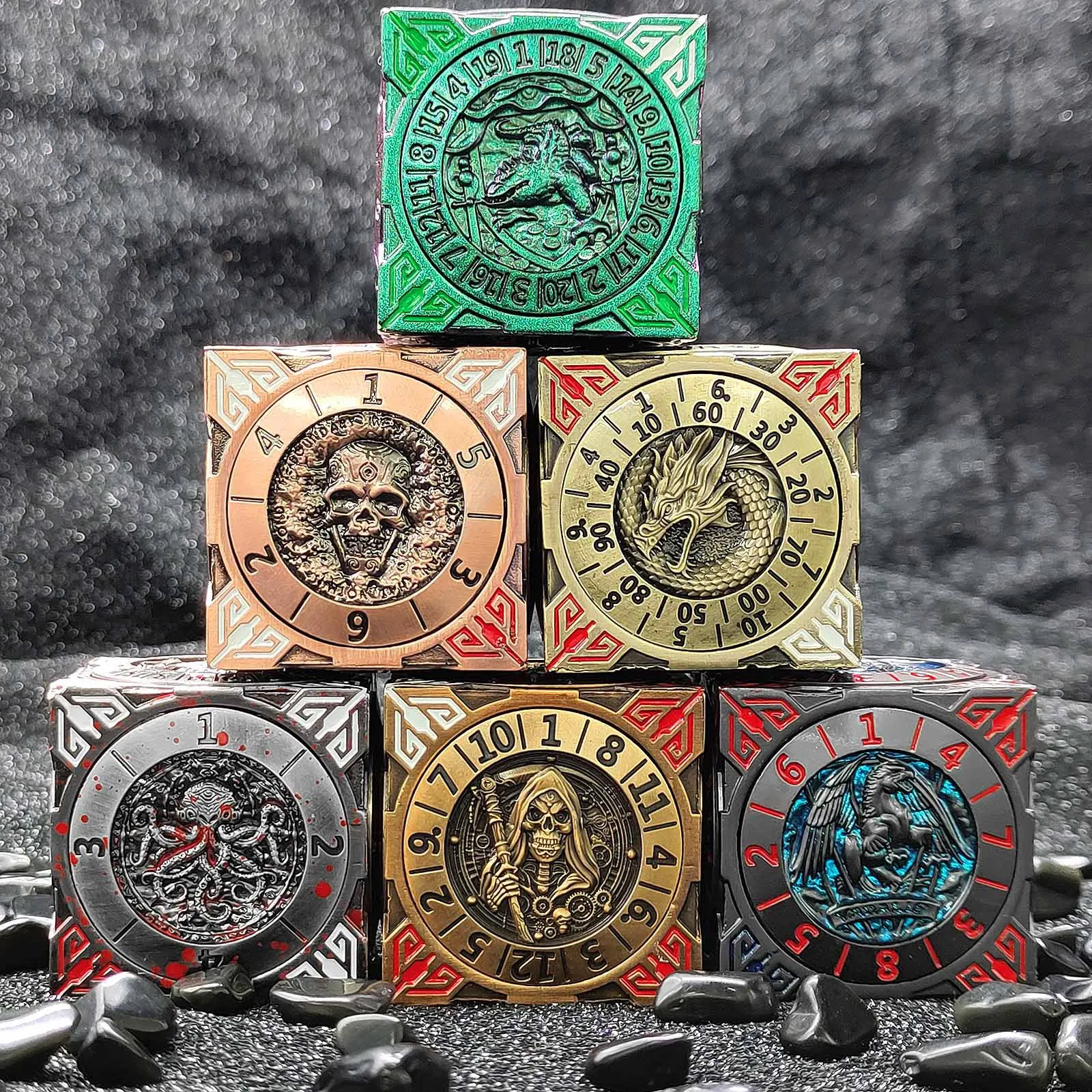 

7-in-1 Rotating Metal Dice Polyhedral Wheel RPG Role Playing DND Dungeons&Dragons 6-sided Dice Set D6