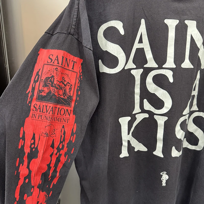 عالية الجودة سانت س الرقبة الأمريكية الرجعية الهيكل العظمي الملك الجرافيك تي شيرت الخريف القطن غسلها العصرية طويلة الأكمام بلايز #6