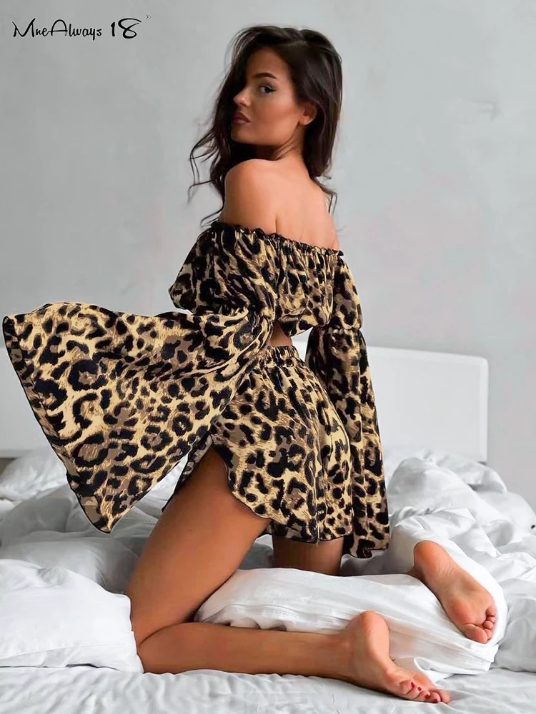 Mnealways18 Leopard Print Causal Sleepwear Shorts Suits Flare Sleeve Cropped Tops And Shorts Two Pieces Sets Summer Autumn 2024