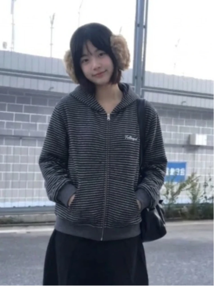 Sudadera con capucha Vintage Y2K con cremallera para mujer, Tops informales de manga larga con subcultura a rayas moradas, estilo Harajuku, ropa de calle