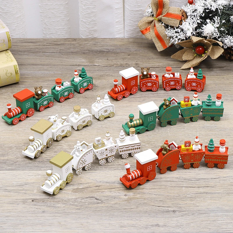 Wooden Train Christmas Decorations Four Sections Window Tabletop Ornament Mini Train Decor Set For Christmas Party