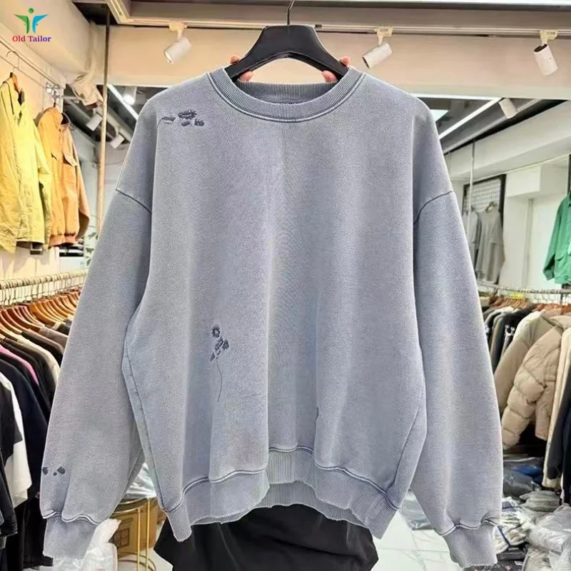 

Голубая винтажная толстовка премиум-класса с вышивкой, однотонная мужская и женская толстовка свободного кроя на флисовой подкладке большого размера