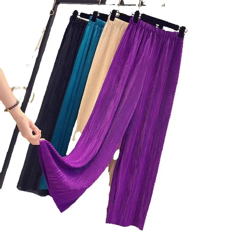 Women Fashion Summer Wide Leg Pants Pleated Ice Silk Trousers Elastic Waist Loose Casual Pants
