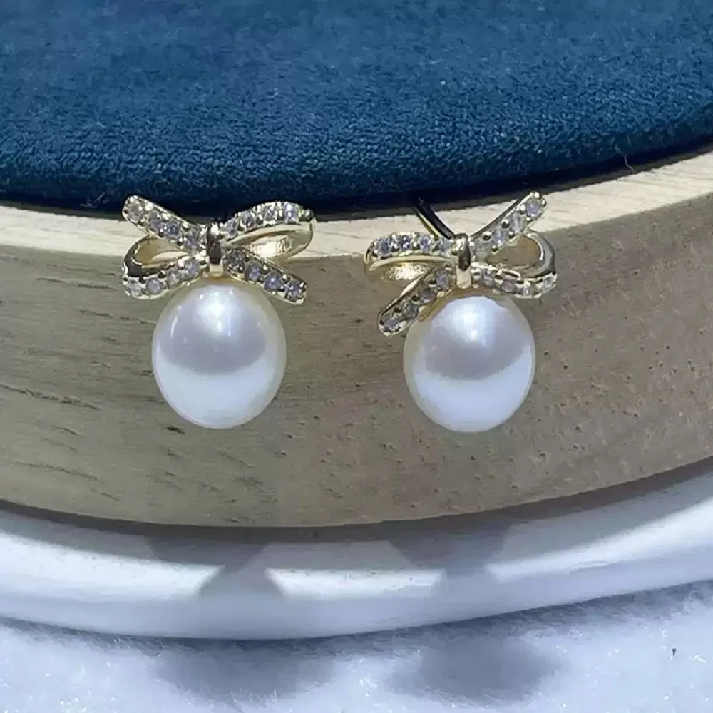 Bow style AAAA8-9mm natural pearl 925s earrings, fashionable pearl earrings