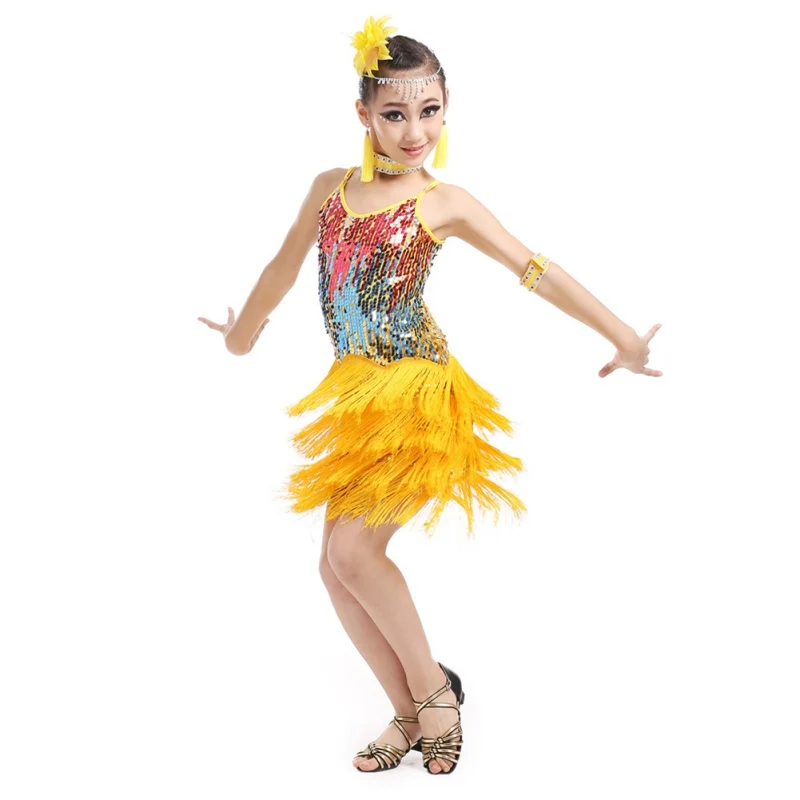 Kids Girls Sequins Dance Outfits Tango Skirt Tassel Dancing Dress Dancewear Fringe Flapper Dress Ballroom Costume