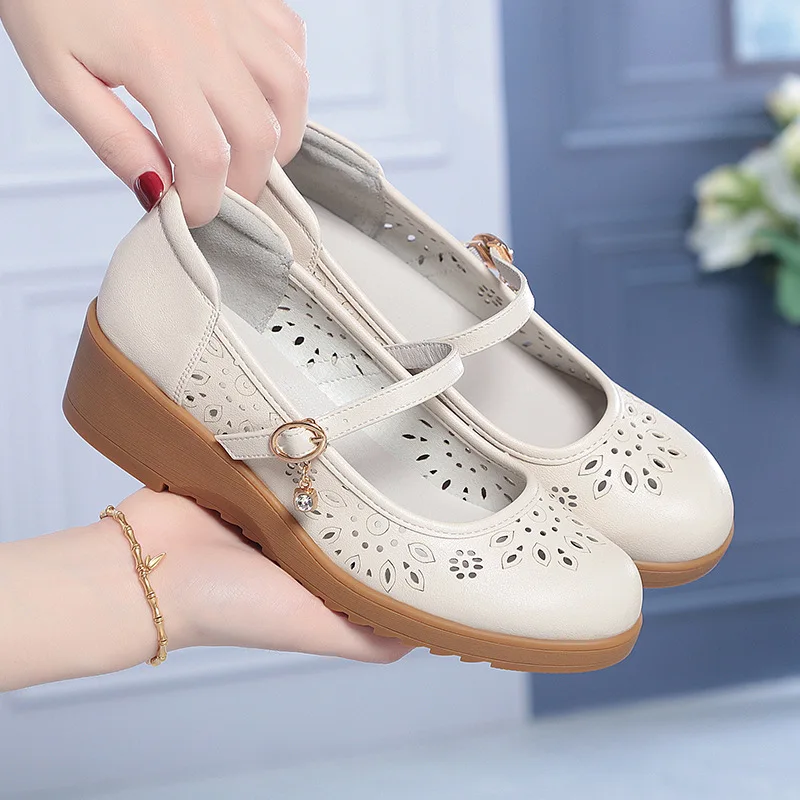 

Beige Hollow Out Mary Jane Shoes For Women With Wedge Heel And Adjustable Buckle Strap Breathable Soft Sole Comfortable Mom Shoe