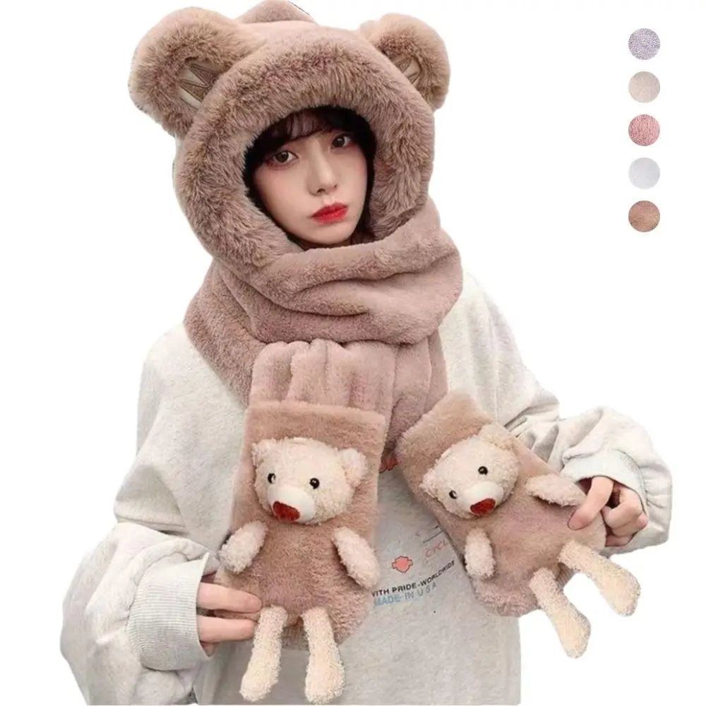 New Thickened Hat Scarf Gloves Set Fleece-lined and Thickened Winter Warm Women Beanies Cap Cute Bear Ear Hat Autumn Winter