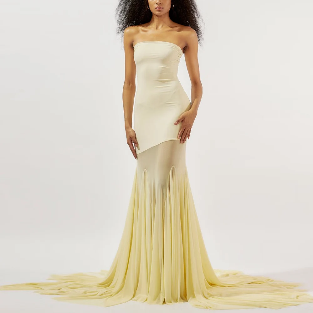 

Women's Long Chic Evening Dresses Spandex Sheath/Column Party Dress Pale yellow Strapless Ruched Birthday Gown Sweep Train 2025