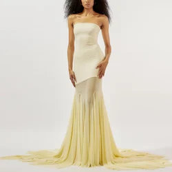 Women's Long Chic Evening Dresses Spandex Sheath/Column Party Dress Pale yellow Strapless Ruched Birthday Gown Sweep Train 2025