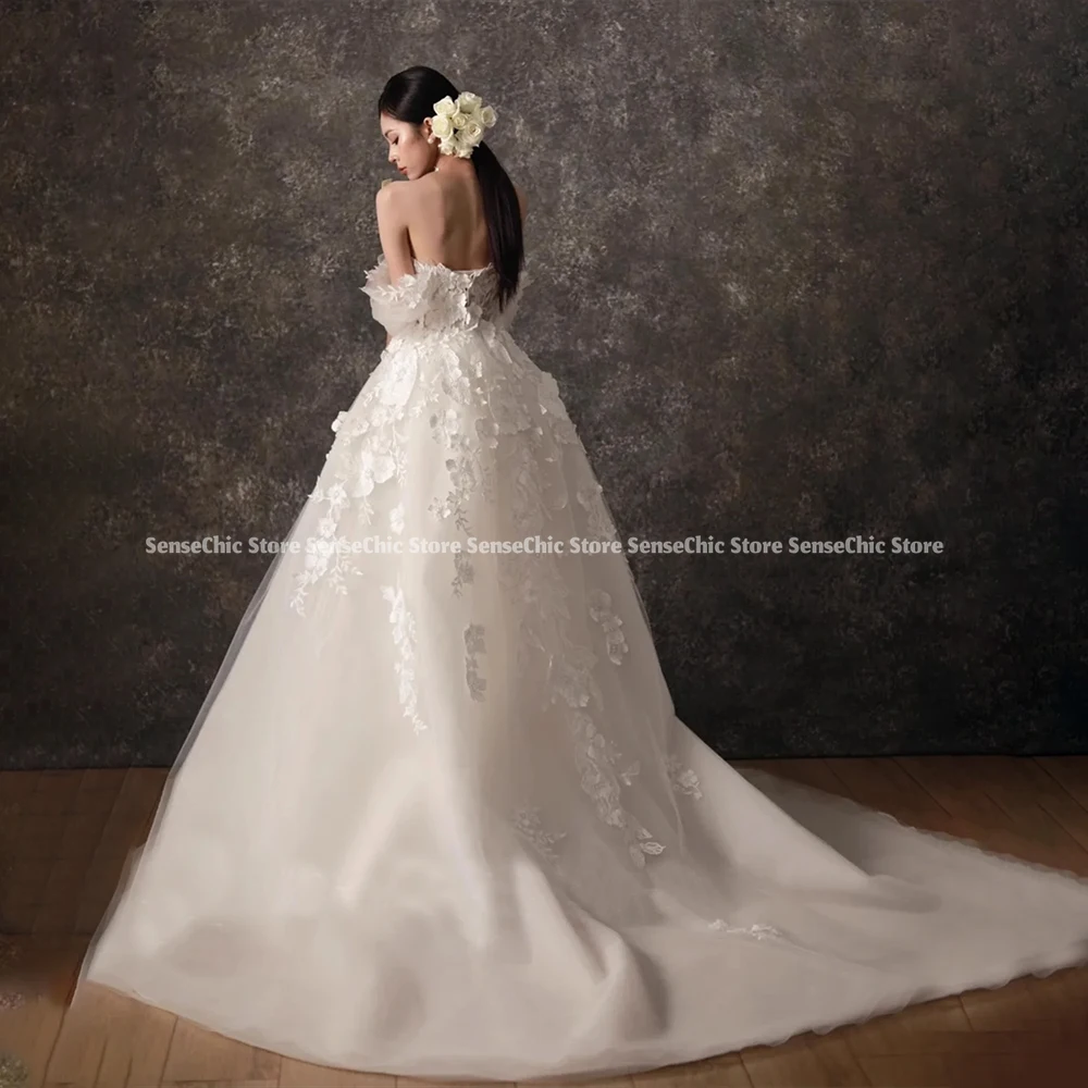 Lace Floral Wedding Dresses Korea Strapless Elegent 웨딩드레스 Tulle Puff Sleeves Detachable Sleeves Bridal Dress Customized