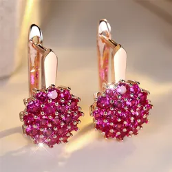 Round Zircon Sunflower Rose Red Crystal Hoop Earrings For Women Rose Gold Silver Color Wedding Flower Jewelry Engagement Gift